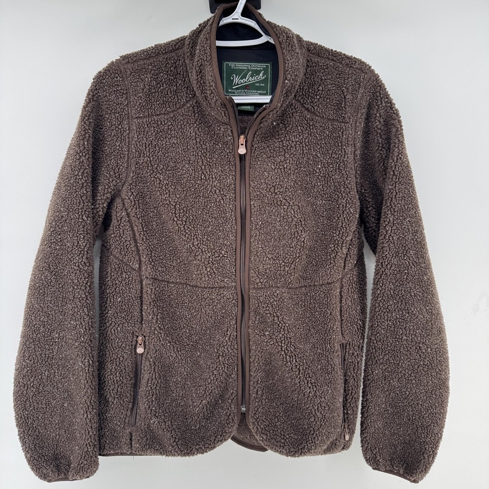 Woolrich Sherpa Jacket Womens Medium Brown Fleece Full Zip Pockets Warm Outdoor